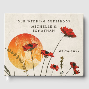 Simple Red Poppies Boho Wildflowers Sunset Wedding Guest Book