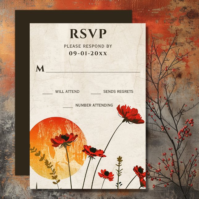 Simple Red Poppies Boho Wildflowers Sunset Wedding RSVP Card (Simple Red Poppies Boho Wildflowers Sunset Wedding RSVP Card)