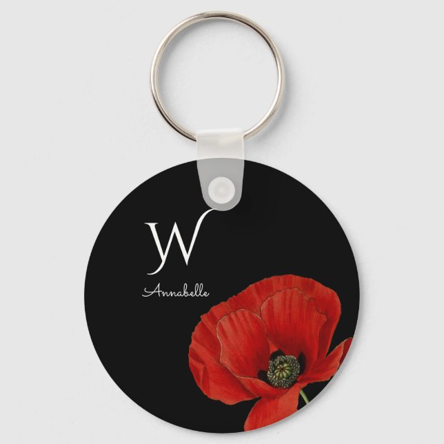 Simple Red Poppy on Black with Monogram Key Ring (Front)