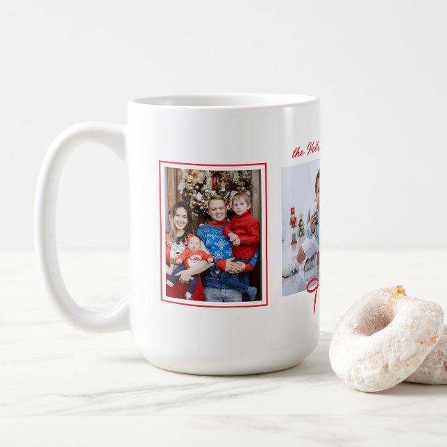 Simple Red Ribbon Bow and Three Photos Custom Coffee Mug (With Donut)