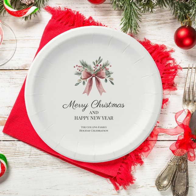Simple Red Ribbon Bow Watercolor Holly Christmas Paper Plate (Simple Red Ribbon Bow Watercolor Holly Christmas Paper Plates)