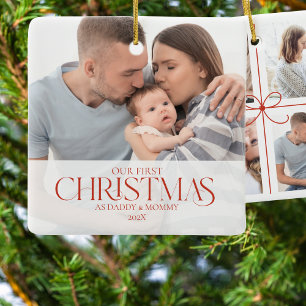 SImple Red Ribbon Our First Christmas Family Photo Ceramic Ornament