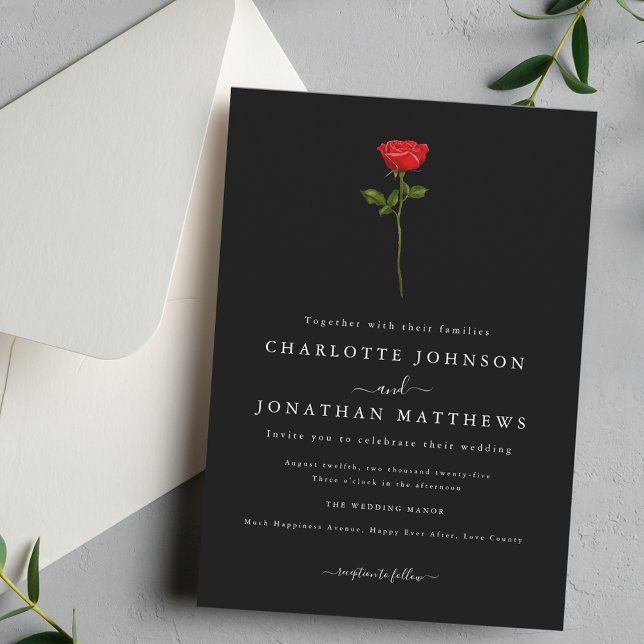Simple Red Rose Elegant Script Black & White Invitation (Simple red rose elegant modern script black and white wedding invitation Watercolor floral)
