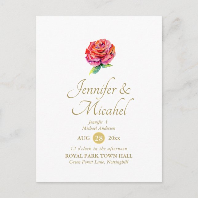 Simple Red Rose Modern Floral Wedding Invitation Postcard (Front)