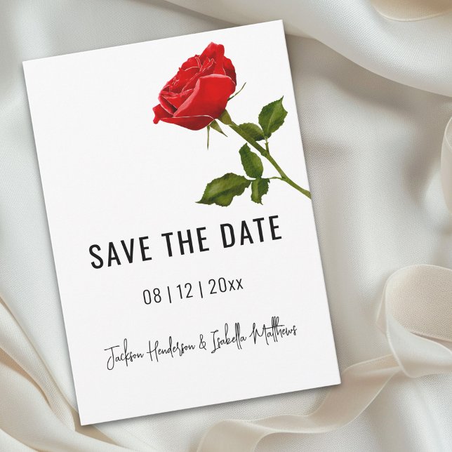 Simple Red Rose Wedding Save The Date (Romantic simple watercolor red rose wedding save the date Card)