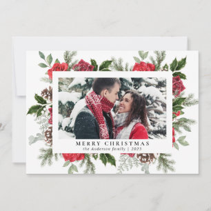Simple Red Roses Floral Family Photo Christmas Holiday Card