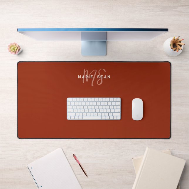 Simple Red Scarlet Minimalist Monogram Gift Desk Mat (Office 1)