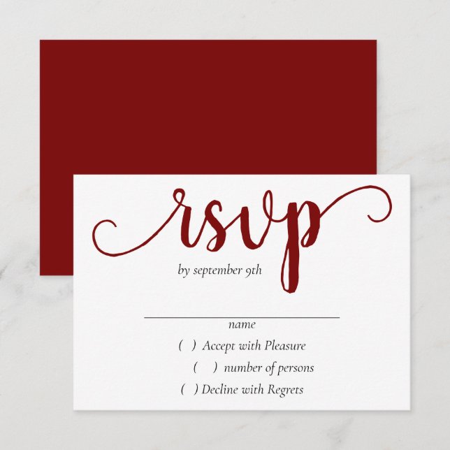 Simple Red Script | Cherry Minimalist Flourish RSVP Card (Front/Back)