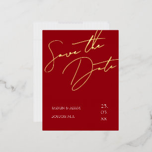 Simple Red Script Gold Foil Save the Date Invitation Postcard