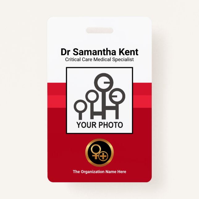 Simple Red Shade Column Photo Medical Staff ID ID Badge (Front)