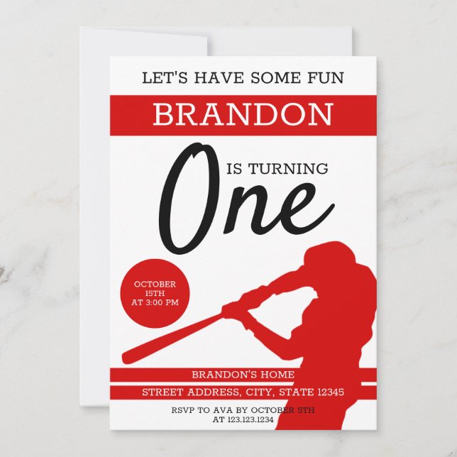Simple Red Silhouette Baseball 1st Birthday Invitation (Front)