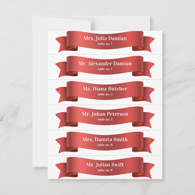 Simple Red Silk Ribbon Banner Wedding Place Cards (Front)