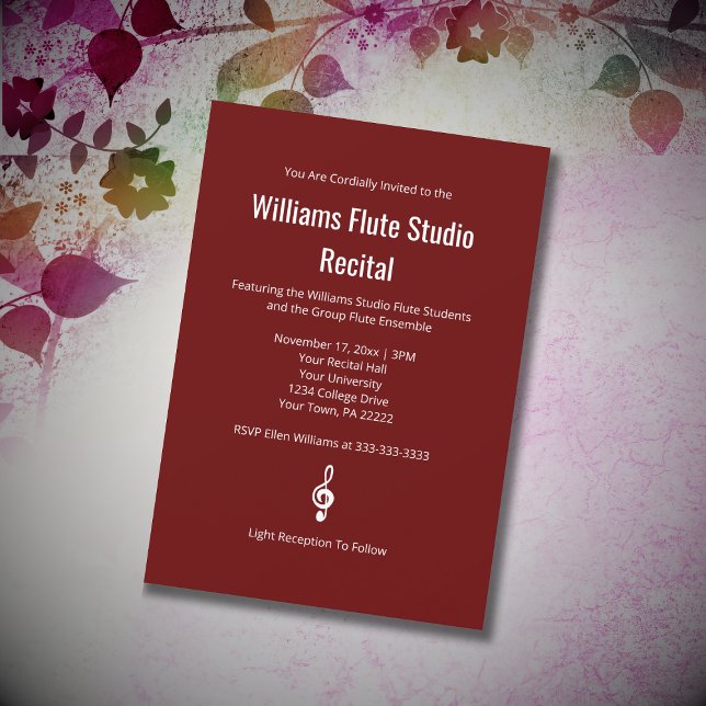 Simple Red Treble Clef Flute Music Recital Invitation (Creator Uploaded)