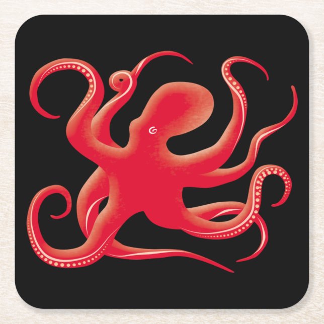 Simple Red Vector Art Octopus Silhouette Square Paper Coaster (Front)