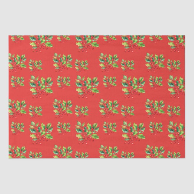 Simple red Watercolor Holly Berries Xmas Pattern Tissue Paper (Front)