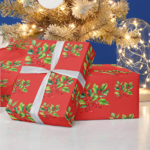 Simple red Watercolor Holly Berries Xmas Pattern Wrapping Paper