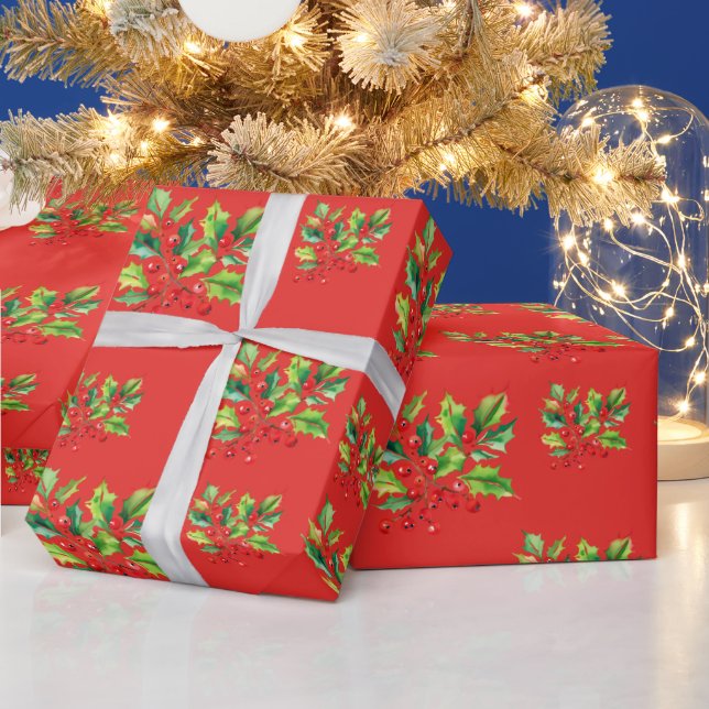Simple red Watercolor Holly Berries Xmas Pattern Wrapping Paper (Holidays)