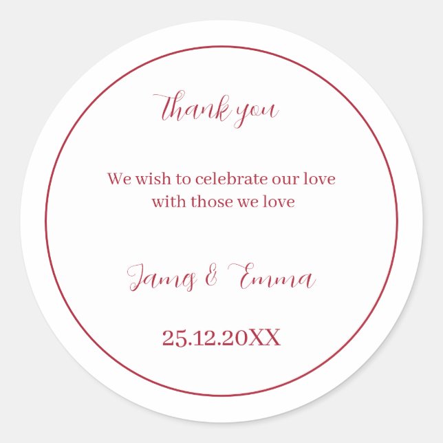 Simple Red Wedding  Classic Round Sticker (Front)