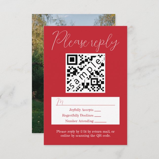 Simple Red Wedding RSVP Card with QR Code (Front/Back)