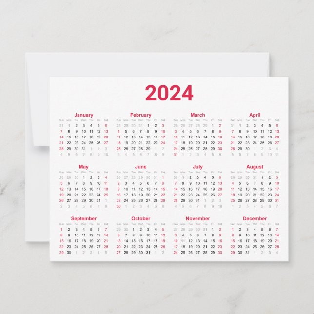 Simple Red & White 2024 Year At Glance Calendar Card (Front)