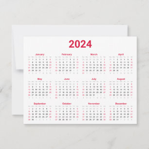 Simple Red & White 2024 Year At Glance Calendar Card