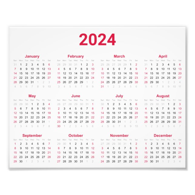 Simple Red & White 2024 Year At Glance Calendar Photo Print (Front)