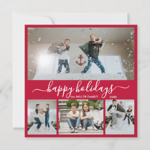 Simple Red White 4 Photo Collage Happy Holiday Card