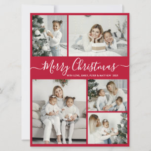 Simple Red White 5 Photo Collage Christmas Holiday Card