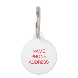 Simple red white custom name contact Info dog cat Pet Tag