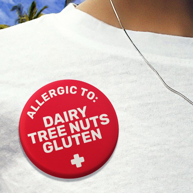 Simple Red White Food Allergy Medical Alert 3 Cm Round Badge (Red badge that says 'allergic to: dairy, tree nuts, gluten')