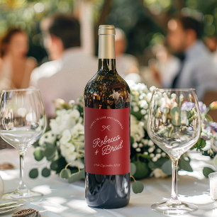 Simple Red & White Hand Drawn Bow Sketch Wedding Wine Label