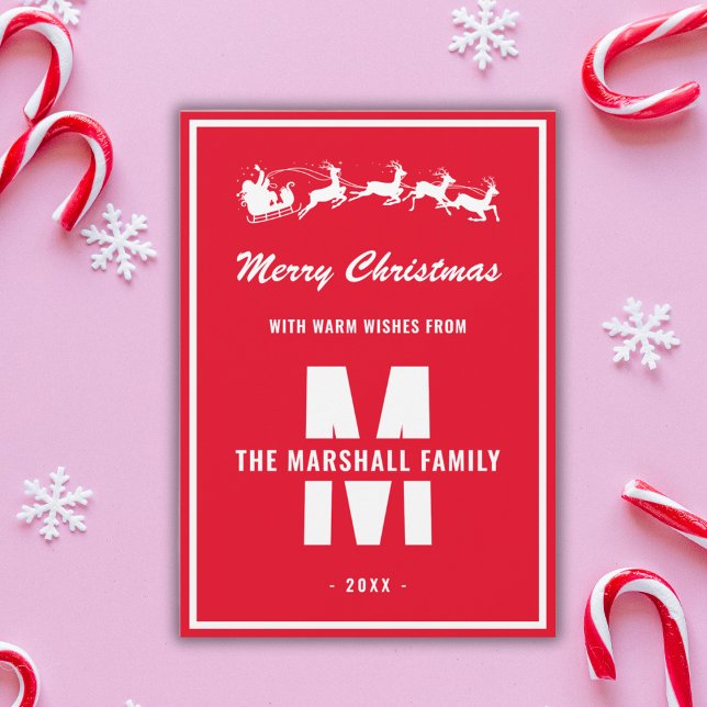 Simple Red White Monogram Family Name Christmas Holiday Card (Creator Uploaded)