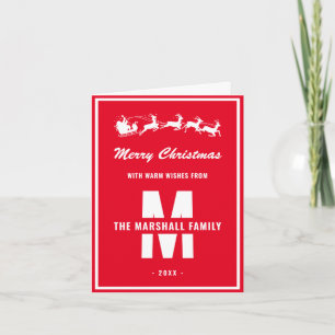 Simple Red White Monogram Family Name Christmas Holiday Card