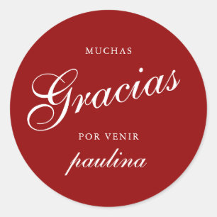 Simple Red White Quinceañera Gracias Script Name Classic Round Sticker
