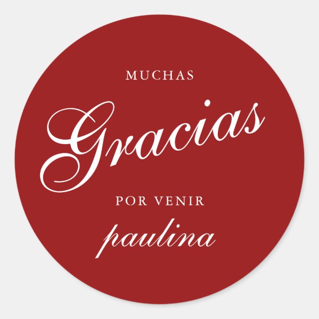Simple Red White Quinceañera Gracias Script Name Classic Round Sticker (Front)