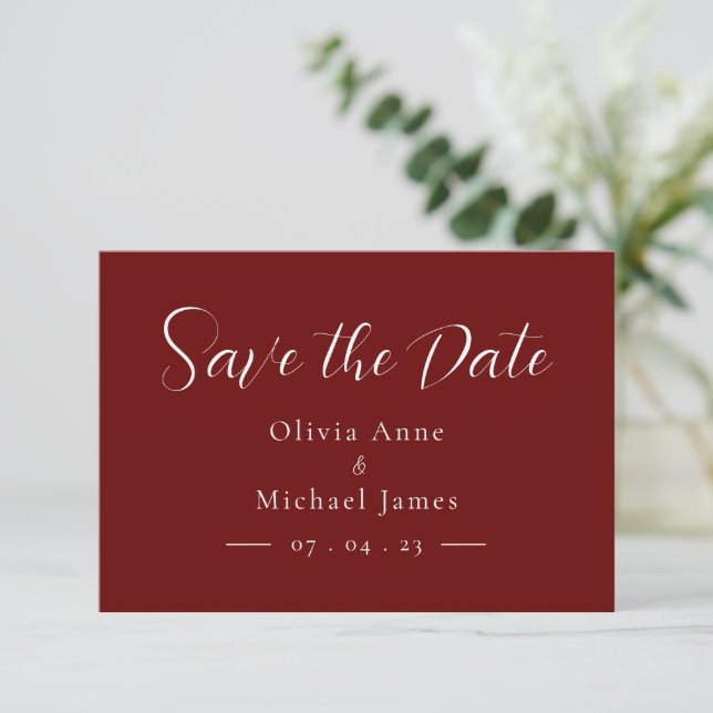 Simple Red & White Script Wedding Save the Date (Standing Front)