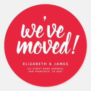 Simple Red White Script We've Moved Classic Round Sticker