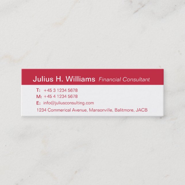 Simple red & white skinny red back business card (Front)