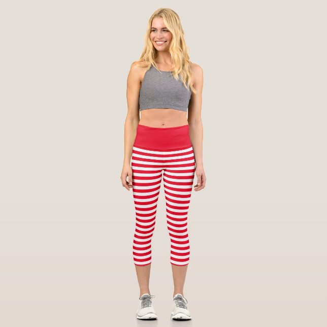 Simple Red White Stripe Pattern Capri Leggings (Front)