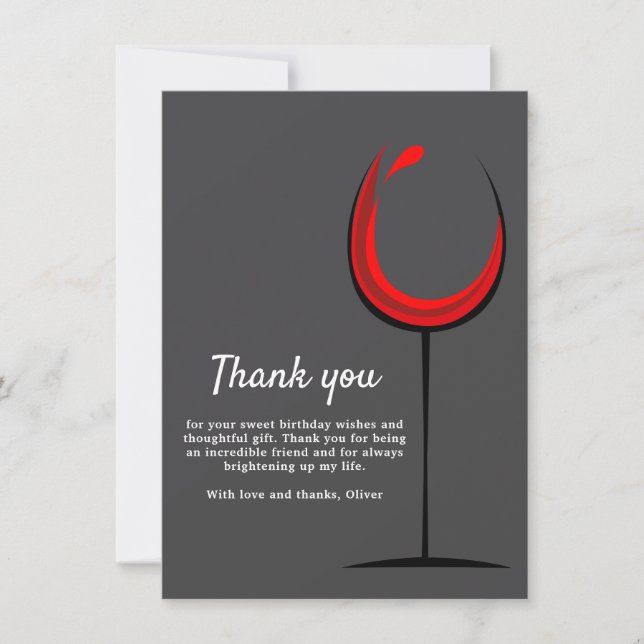 Simple Red Wine Glass Birthday  Thank You Card (Front)