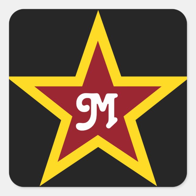 Simple Red & Yellow Star Custom Monogram on Black Square Sticker (Front)