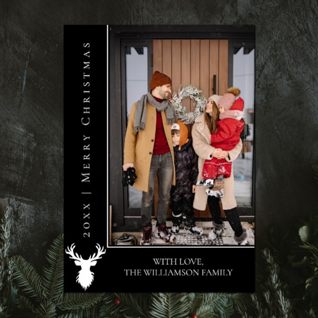 Simple Reindeer Christmas Photo Card | Black (Black Simple Reindeer Christmas Photo Card)