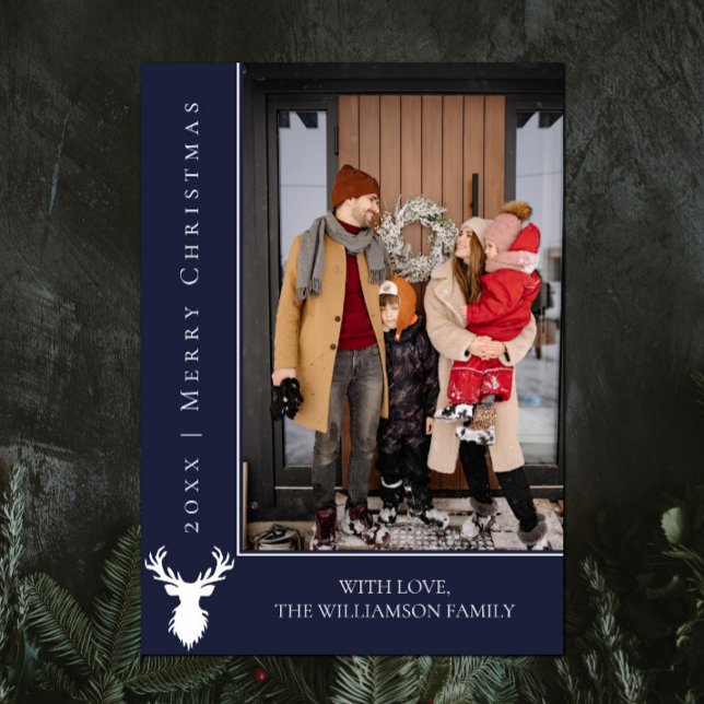 Simple Reindeer Christmas Photo Card | Blue (Blue Simple Reindeer Christmas Photo Card)