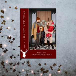 Simple Reindeer New Year's Photo Card Red