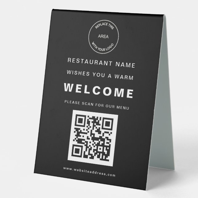Simple Restaurant Logo Menu QR Code Welcome Black (Front)