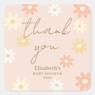 Simple Retro Chic Daisy Girl Baby Shower Thank You Square Sticker