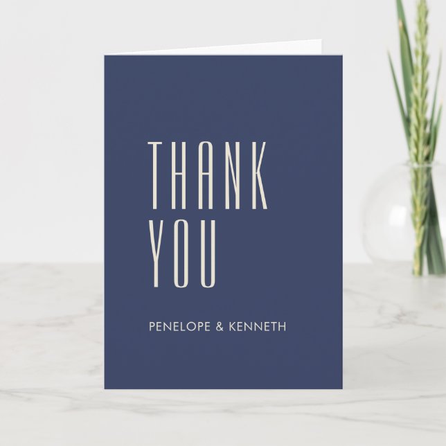 Simple Retro Custom Names Wedding Navy Blue Thank You Card (Front)