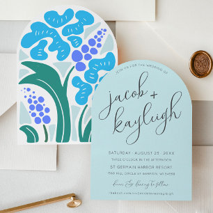 Simple Retro Floral Sky Blue Modern Arch Wedding Invitation