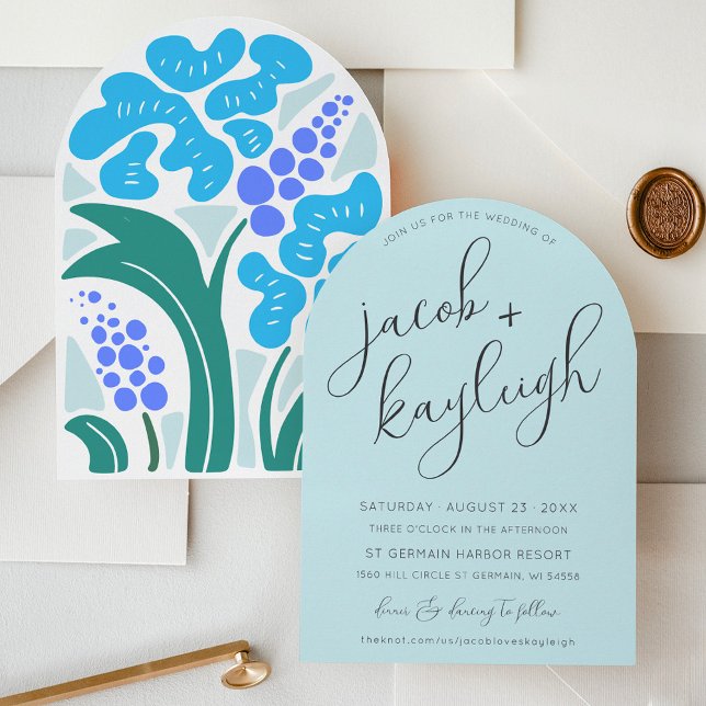 Simple Retro Floral Sky Blue Modern Arch Wedding Invitation (Simple retro 70's blue purple green boho floral script modern arch sky blue arch wedding invitation)