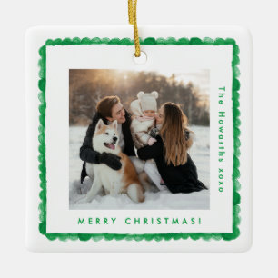 simple retro green frame photo square christmas ceramic ornament